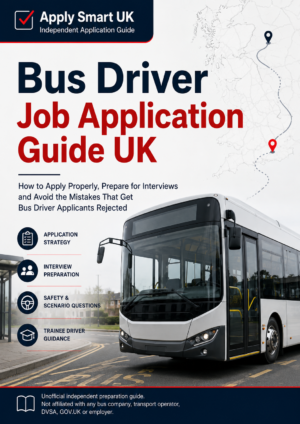 Apply Smart UK Bus Driver Job Application Guide UK cover featuring an unbranded bus, route map graphic and application preparation highlights.