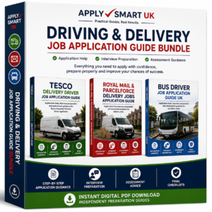 Apply Smart UK Driving and Delivery Job Application Bundle product image with Tesco Delivery Driver, Royal Mail and Parcelforce, and Bus Driver guides